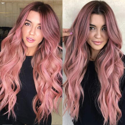 Tocado sintético de seda para altas temperaturas con pelo largo y rizado en degradado rosa, con raíz de loto