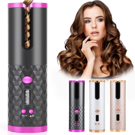Rizador de pelo automático recargable y portátil para mujer, con pantalla LCD y revestimiento cerámico; herramienta giratoria para crear ondas y rizos.