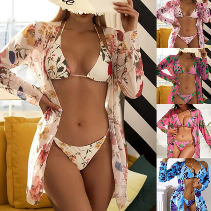 Nuevo traje de baño de tres piezas para mujer con blusa de malla estampada