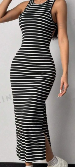 Vestido a rayas para mujer con espalda descubierta y abertura lateral