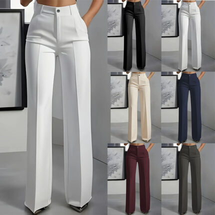 Pantalones de traje minimalistas de corte recto, tiro alto y diseño drapeado