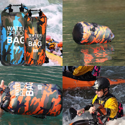 Mochila impermeable para exteriores de poliéster con estampado de camuflaje, de doble asa y portátil, ideal para la playa.