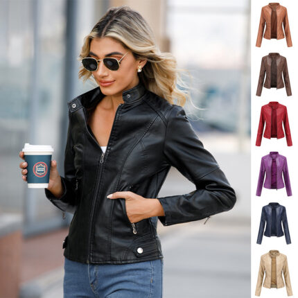 Chaqueta de cuero para mujer con cremallera, color liso, bolsillos y cuello alzado; prenda de abrigo.