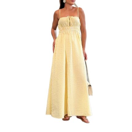 Vestido tipo lencero casual estilo resort para mujer, corte acampanado, espalda descubierta y cordón ajustable.
