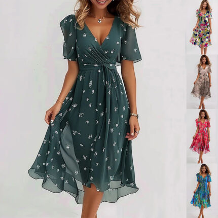 Robe d'été élégante en mousseline imprimée à manches courtes et col en V pour femme