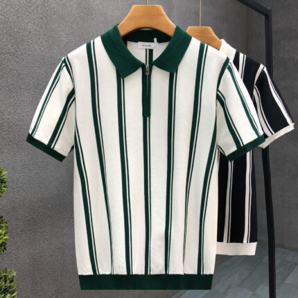 Polo de rayas de manga corta con media cremallera para hombre
