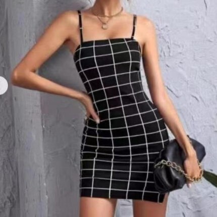 Minivestido ajustado de estilo retro a cuadros con tirantes finos para mujer