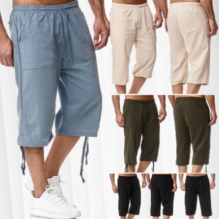 Pantalones deportivos casuales de algodón y lino para hombre (estilo internacional); pantalones casuales de verano en mezcla de algodón y lino, corte tipo tobillero.