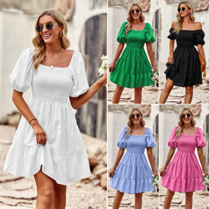 Vestido corto casual para mujer, corte en A, cuello cuadrado y mangas abullonadas.