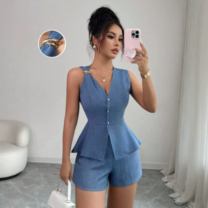 Conjunto de chaleco tipo blazer sin mangas entallado y pantalones cortos para mujer