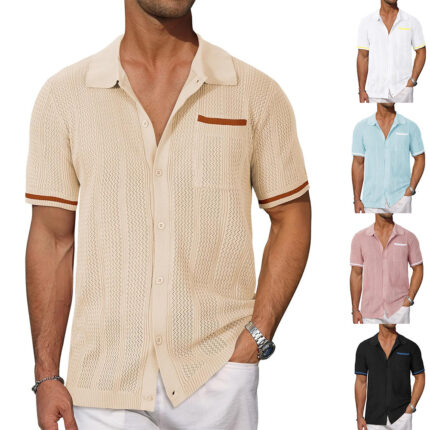 Chaqueta tipo cárdigan casual para hombre, de manga corta, con bolsillos, diseño calado, transpirable y fresca para el verano.